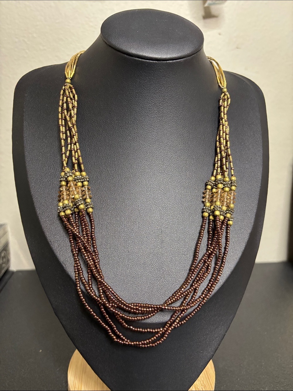 Vintage Handcrafted Brown and Gold Beaded Multi-Strand Necklace